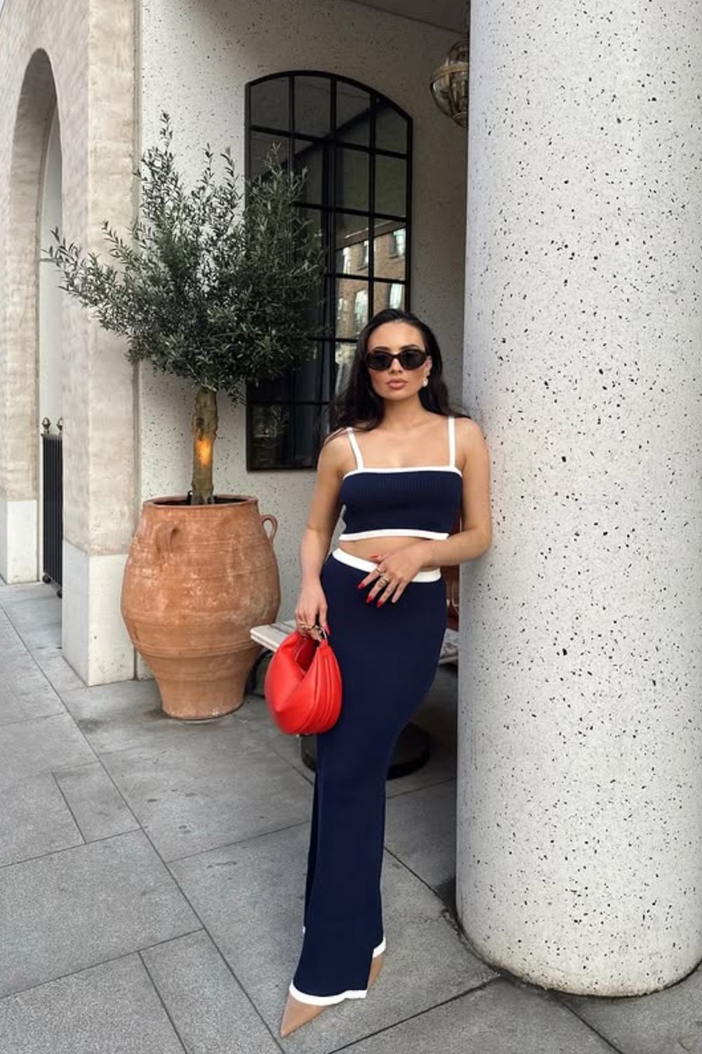 Navy and White Knit Set with a Bright Red Handbag for a Birthday Navy and White Knit Set with a Bright Red Handbag for a Birthday — Classy Casual Birthday Outfit