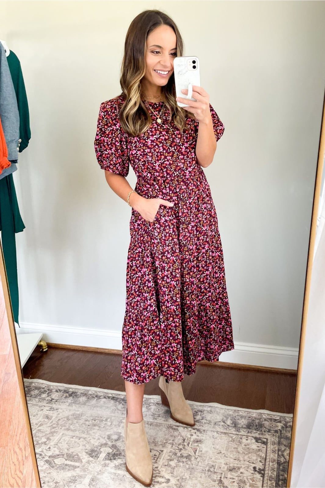 Pink Floral Midi Dress with Puff Sleeves and Suede Boots — Classy Casual Church Outfit