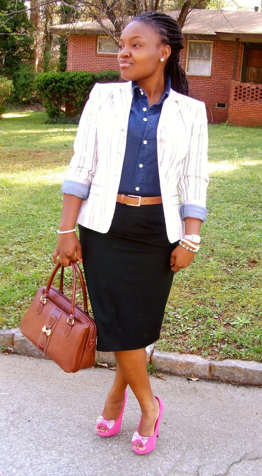 Navy Shirt with Pencil Skirt and Pinstripe Blazer — Classy Casual Church Outfit