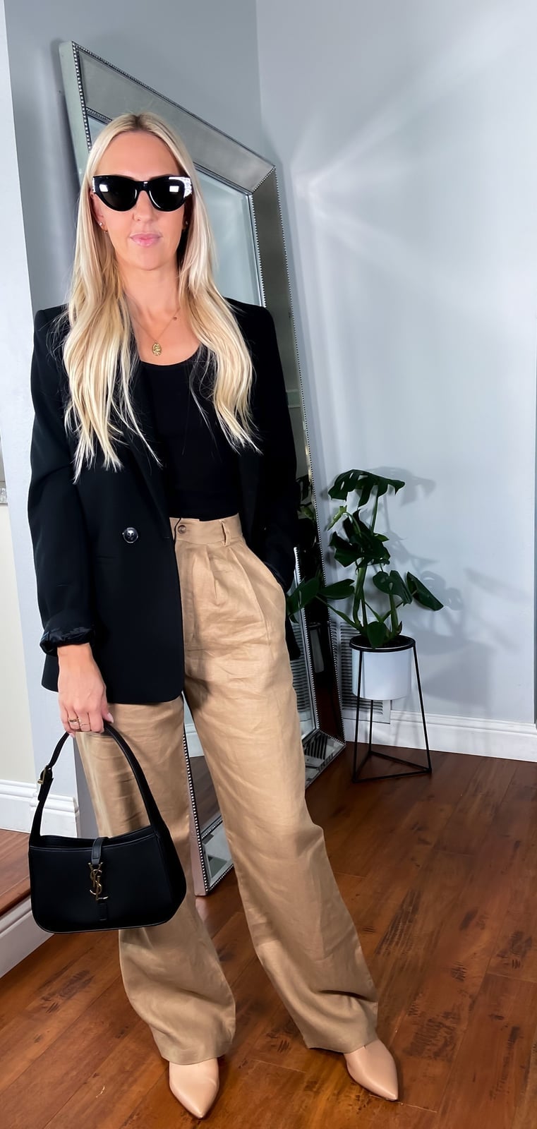 Black Blazer with Beige Linen Wide-Leg Trousers — Classy Casual Church Outfit