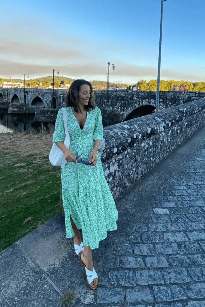 Green Floral Midi Dress with White Sandals — Classy Casual Church Outfit