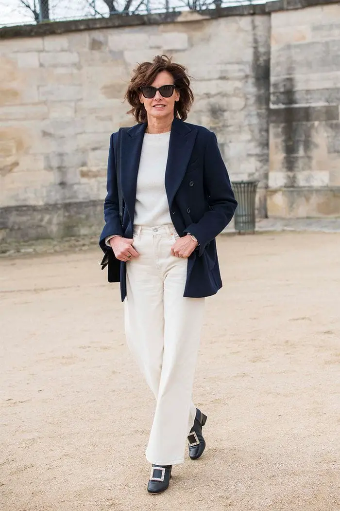 Navy Blazer Cream Sweater and Wide-Leg Trousers — Classy Casual Church Outfit