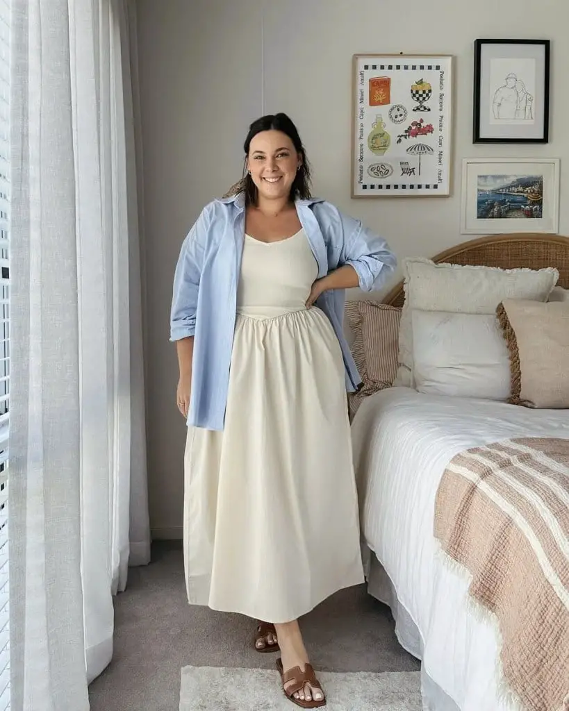 Blue Oversized Shirt with Cream Midi Skirt — Classy Casual Church Outfit