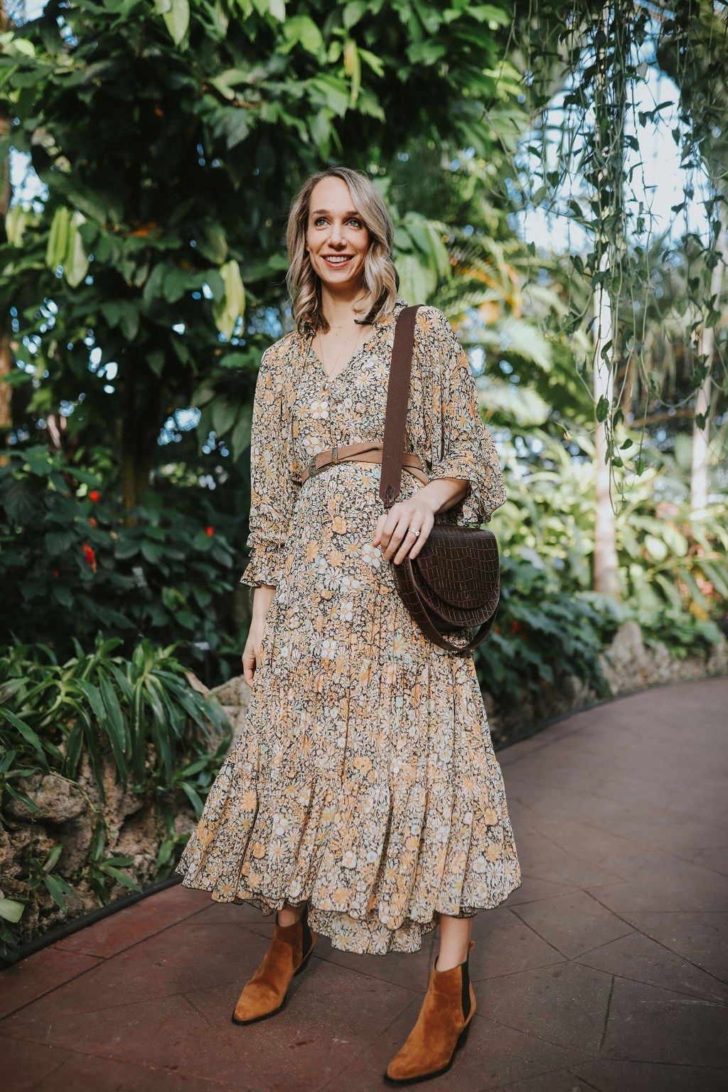 Yellow Floral Midi Dress with Brown Belt and Boots — Classy Casual Church Outfit