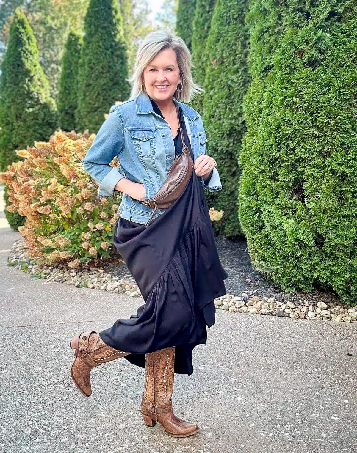 Denim Jacket and Black Maxi Dress Denim Jacket and Black Maxi Dress — Classy Casual Concert Outfit