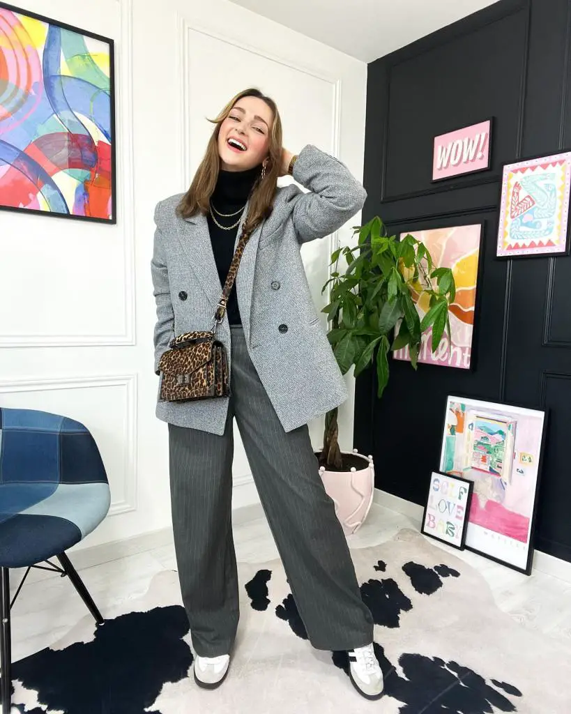 Gray Tweed Blazer and Pinstripe Trousers Gray Tweed Blazer and Pinstripe Trousers — Classy Casual Concert Outfit