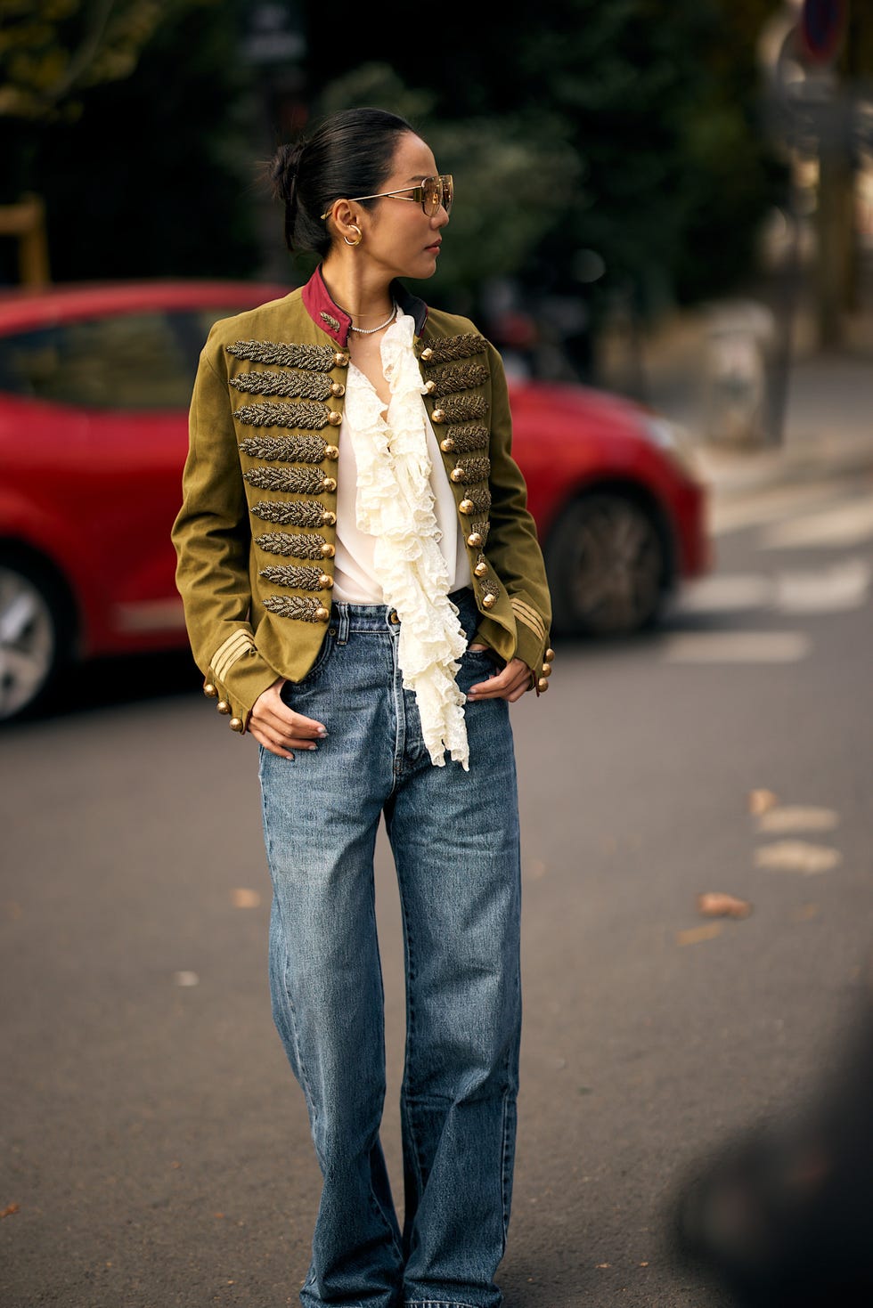 Straight Leg Jeans with Military Jacket and Ruffled Blouse — Classy Casual Jeans Outfit
