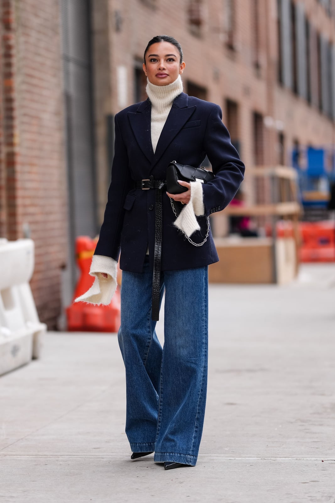 Wide Leg Jeans with a Navy Blazer and Cream Turtleneck — Classy Casual Jeans Outfit