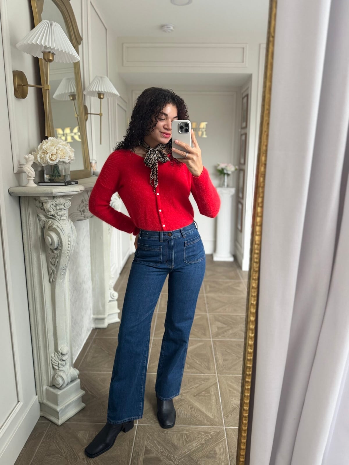 Dark Wash Wide Leg Jeans with Red Cardigan — Classy Casual Jeans Outfit