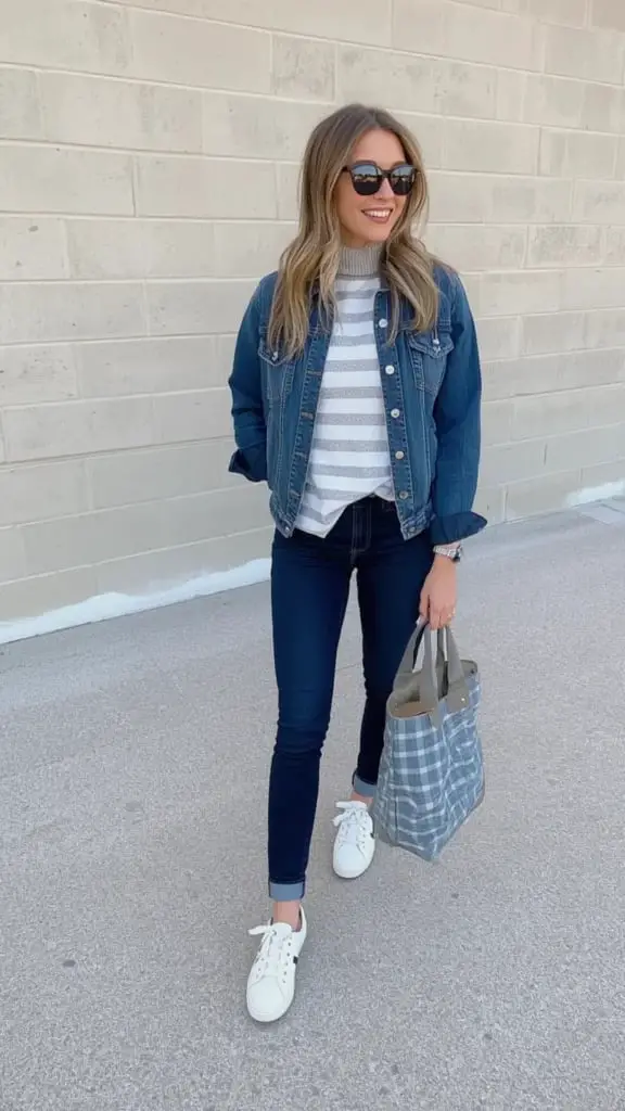 Dark Wash Skinny Jeans with Denim Jacket and Sneakers — Classy Casual Jeans Outfit