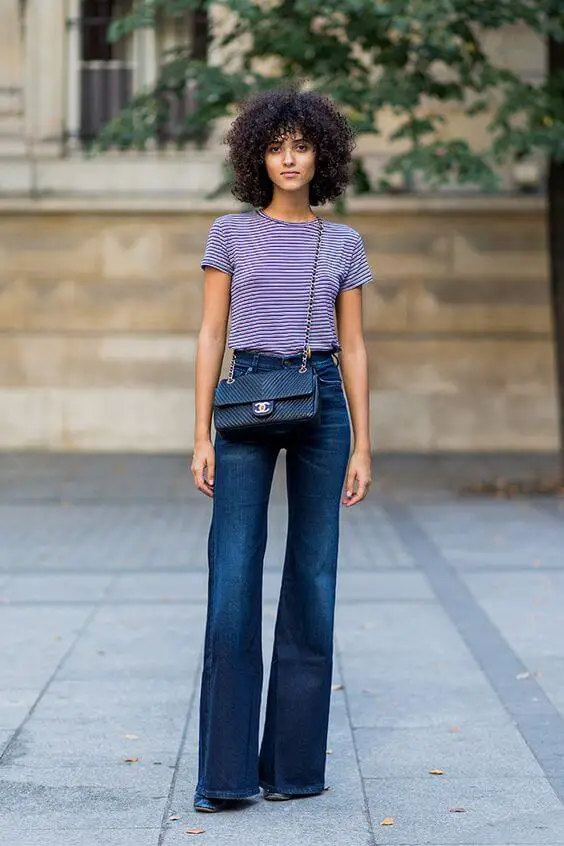 Wide Leg Flare Jeans with Striped T-Shirt and Fitted Top — Classy Casual Jeans Outfit