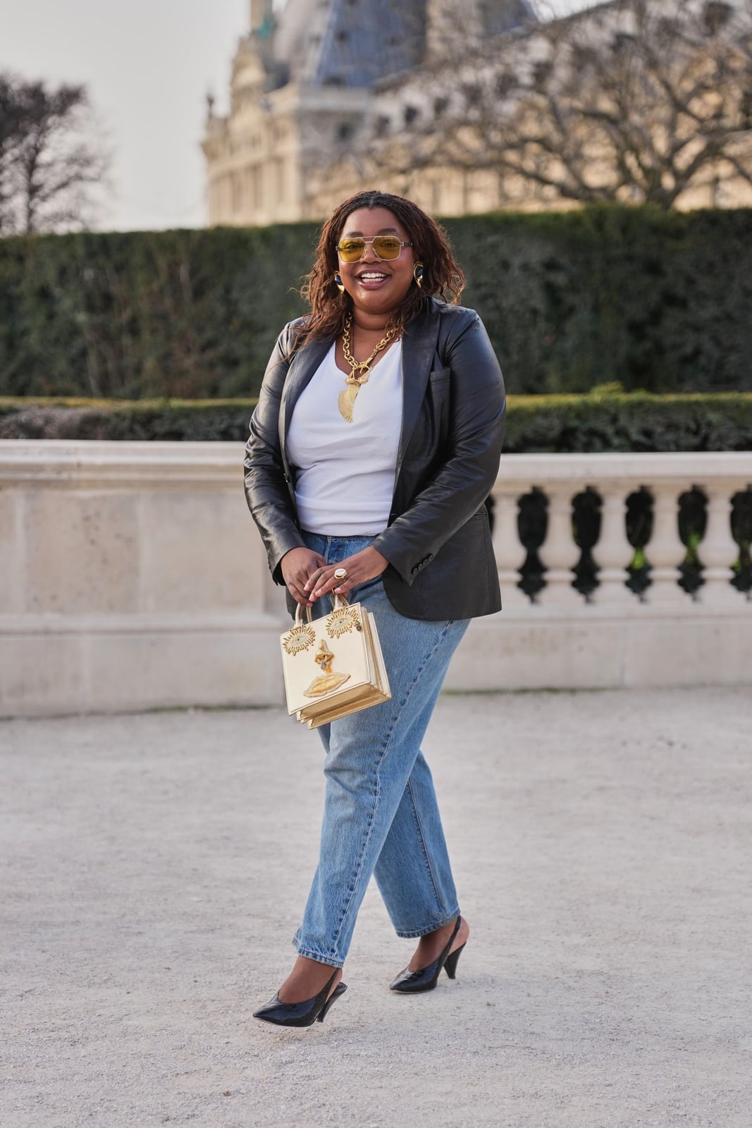 Straight Leg Jeans with Leather Blazer and Gold Accessories — Classy Casual Jeans Outfit