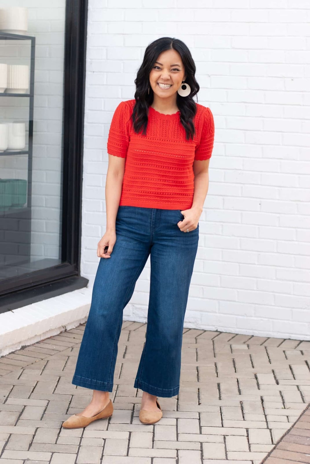 Cropped Flare Jeans with Red Knit Top and Tan Pointed Flats — Classy Casual Jeans Outfit