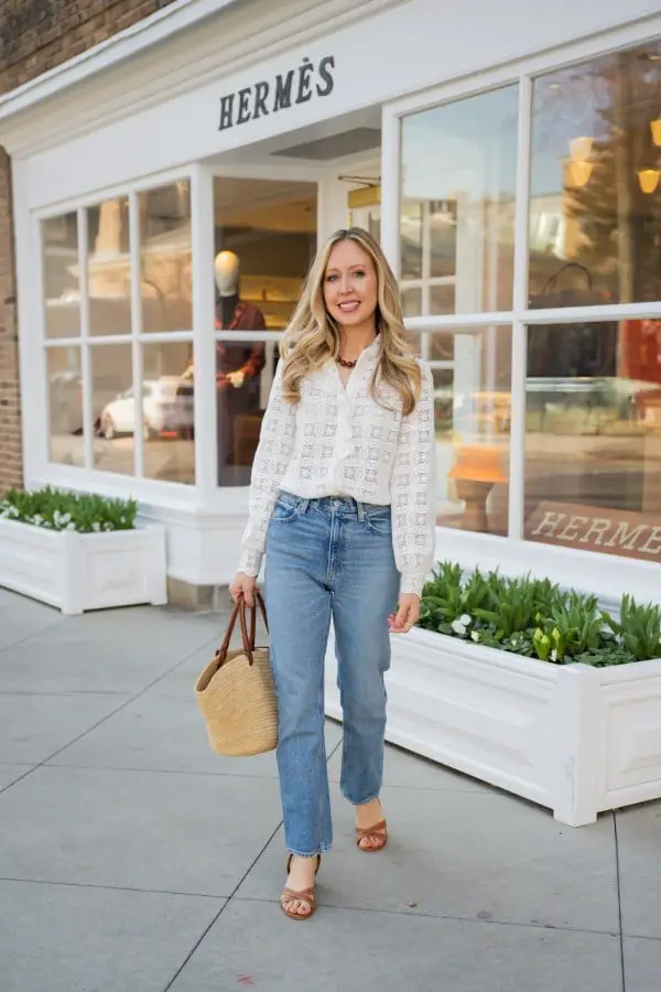 Light Wash Straight Leg Jeans with Eyelet Blouse — Classy Casual Jeans Outfit