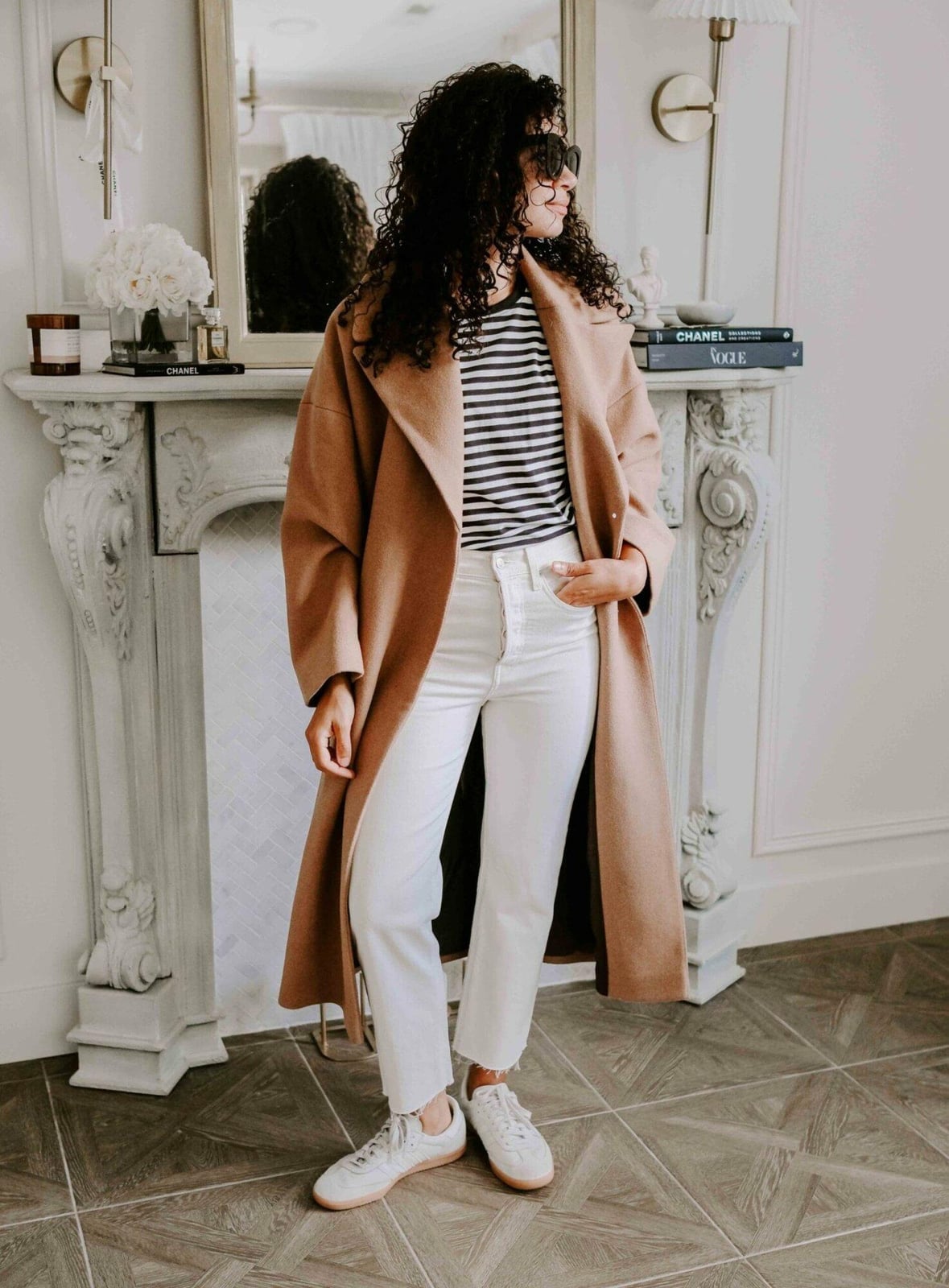 Camel Wool Coat Over Striped Tee With Jeans — Classy Casual Outfits