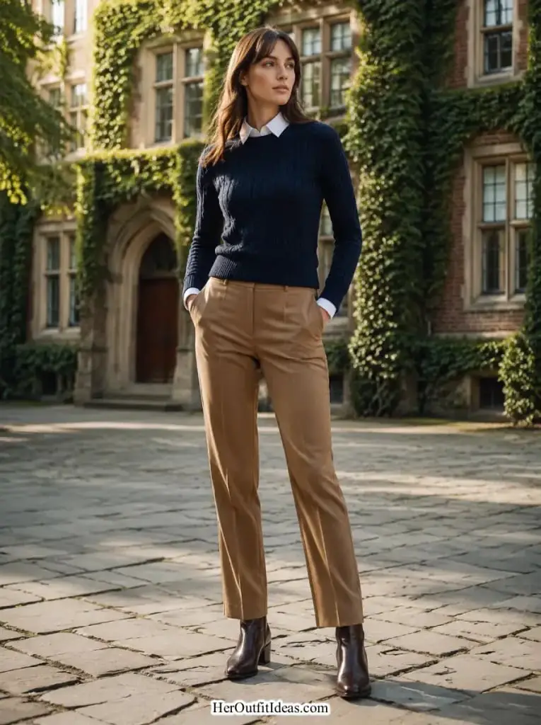 Cable Knit Sweater Over Collared Shirt With Wool Trousers — Classy Casual Outfits
