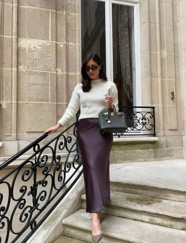 Cream Sweater With Plum Satin Midi Skirt — Classy Casual Outfits