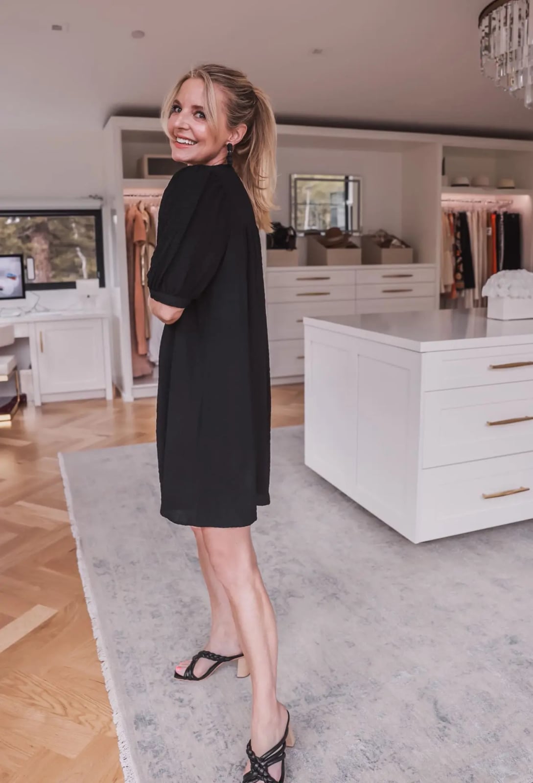 Black Textured A-Line Dress With Block Heels — Classy Casual Outfits
