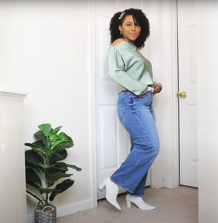 Pale Green Satin Blouse With Wide Leg Jeans — Classy Casual Outfits