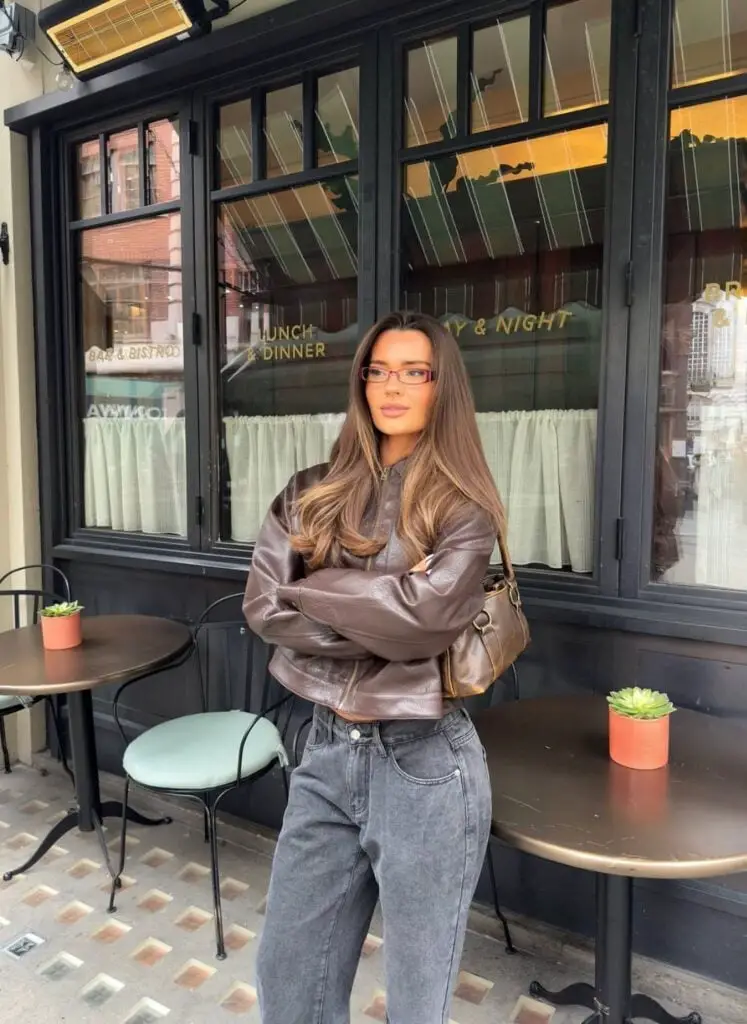 Brown Leather Jacket Over Gray Tee With Baggy Jeans — Classy Casual Outfits