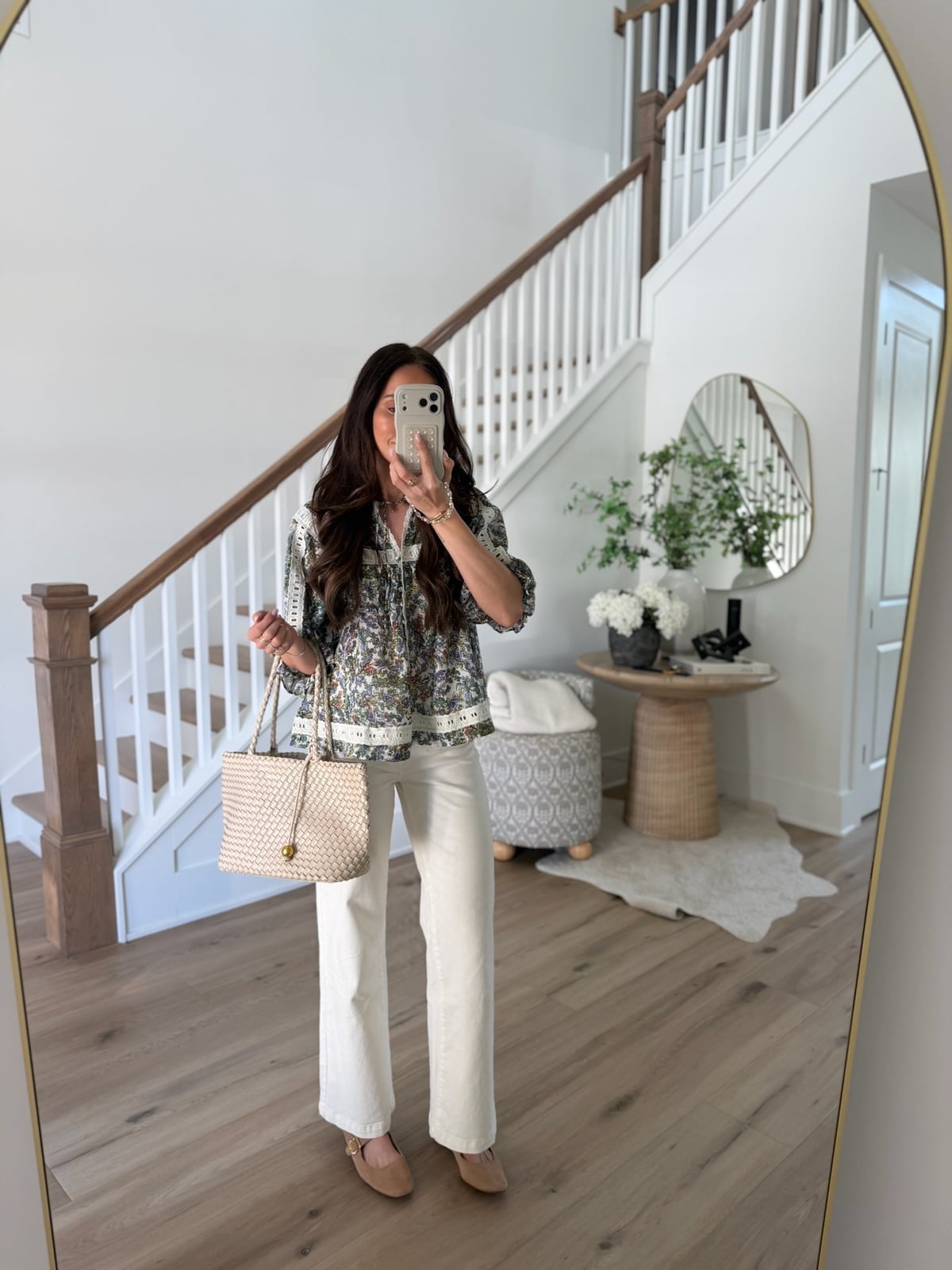 Printed Peasant Blouse With White Wide Leg Jeans — Classy Casual Outfits