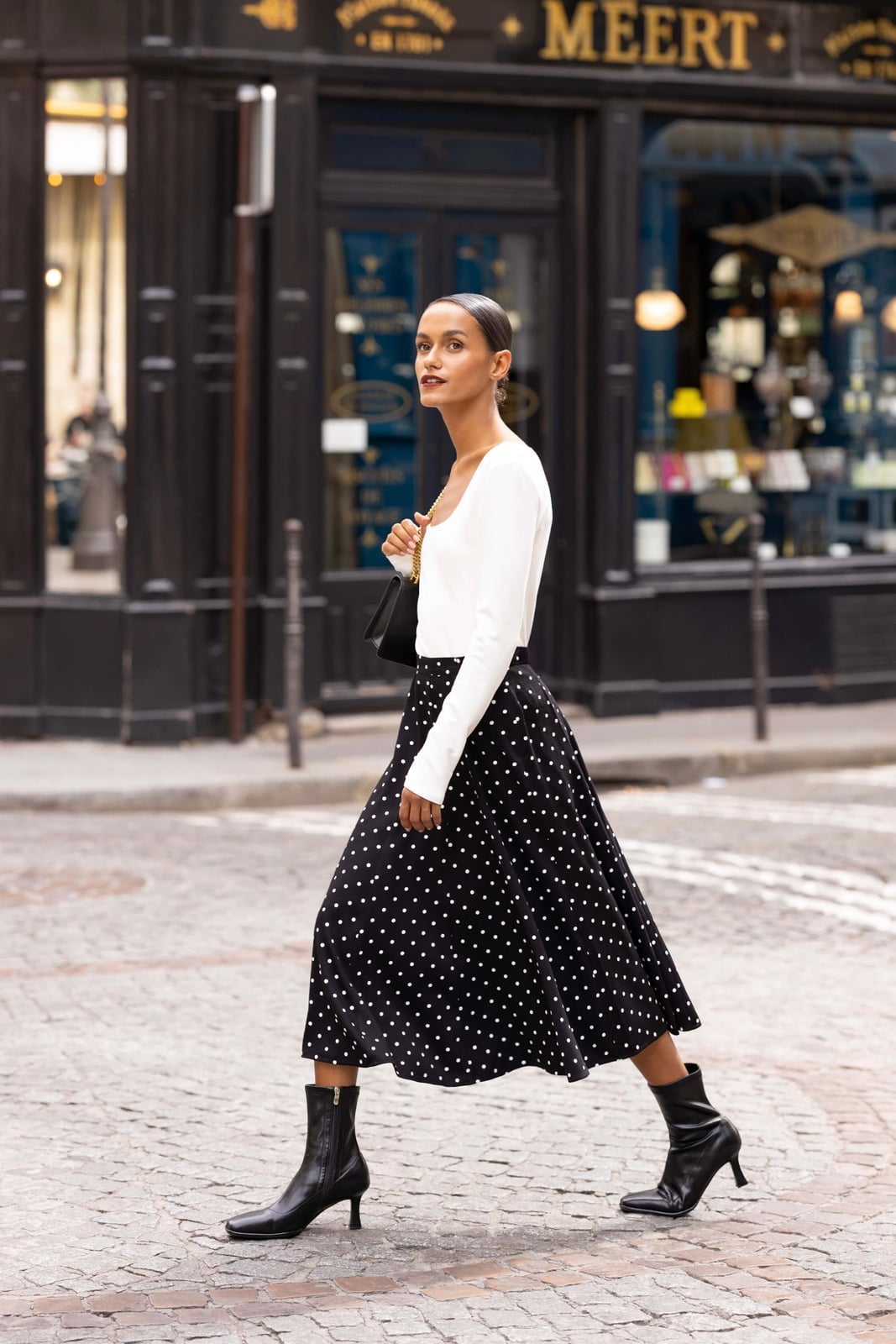 White Top With Black Polka Dot A-Line Skirt — Classy Casual Outfits
