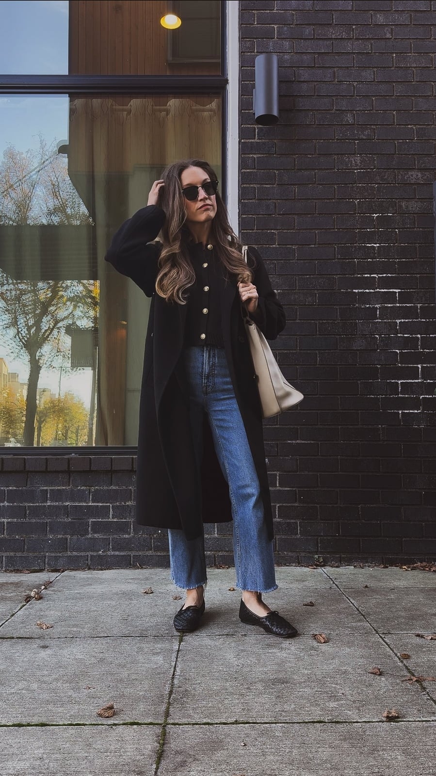 Black Long Coat Over Cardigan With Straight Leg Jeans — Classy Casual Outfits