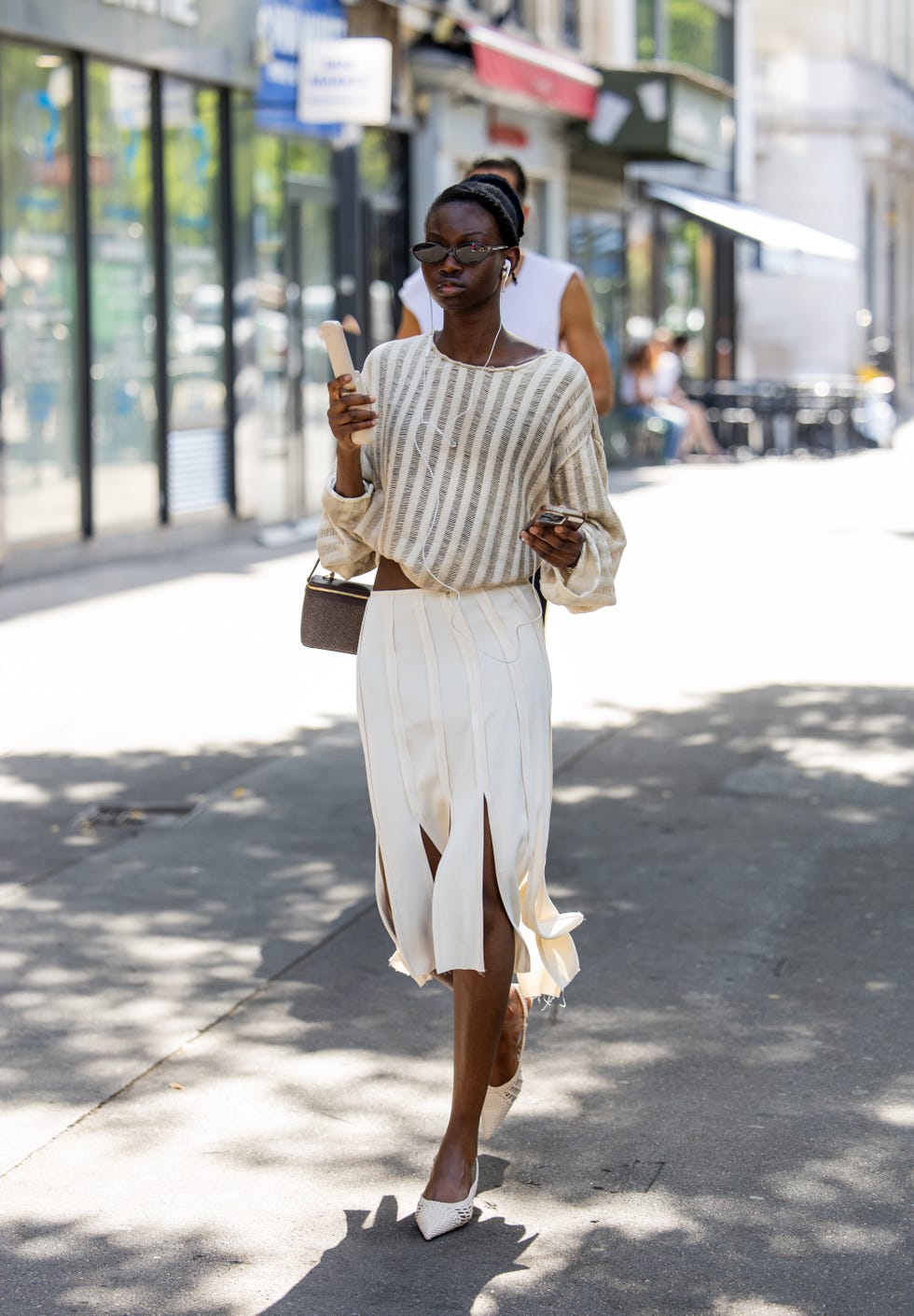 Textured Midi Skirt With Striped Knit Top Textured Midi Skirt With Striped Knit Top — Classy Casual Party Outfit