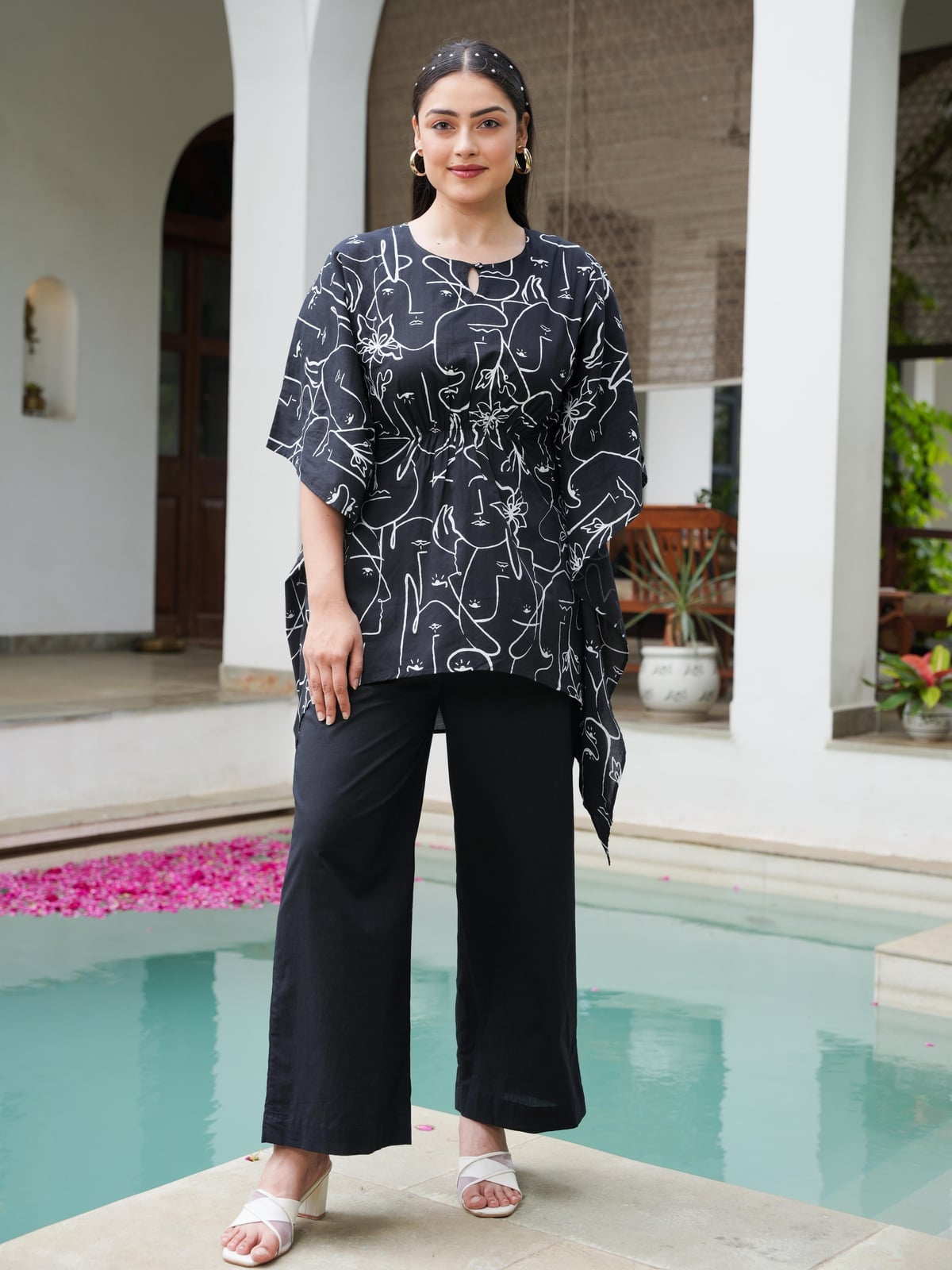 Printed Kaftan Top With Wide-Leg Trousers Printed Kaftan Top With Wide-Leg Trousers — Classy Casual Party Outfit