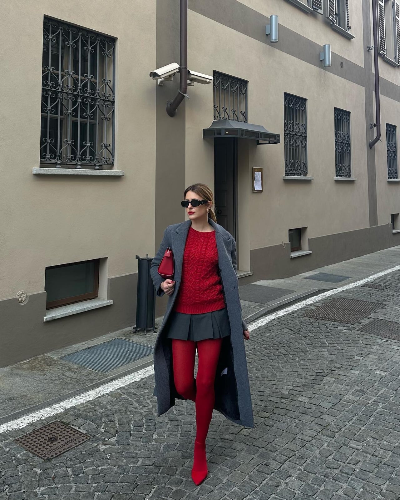 Gray Wool Coat Over Red Knit With Pleated Skirt Gray Wool Coat Over Red Knit With Pleated Skirt — Classy Casual Party Outfit