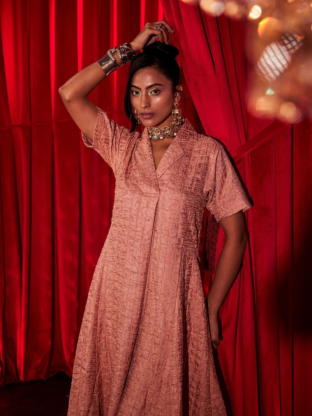 Textured Collared Dress In Dusty Rose Textured Collared Dress In Dusty Rose — Classy Casual Party Outfit