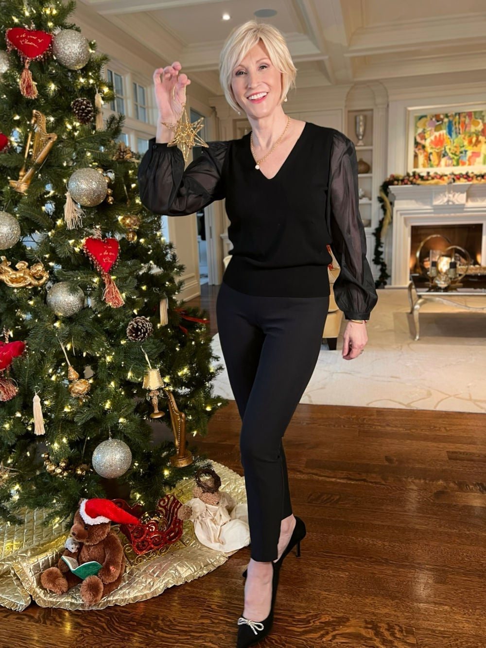Black Knit Top With Sheer Sleeves Black Knit Top With Sheer Sleeves — Classy Casual Party Outfit