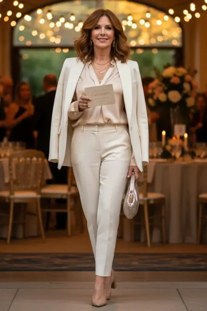 Cream Silk Blouse With Tailored Trousers and Nude Pointed Toe Heels Cream Silk Blouse With Tailored Trousers and Nude Pointed Toe Heels — Classy Casual Party Outfit