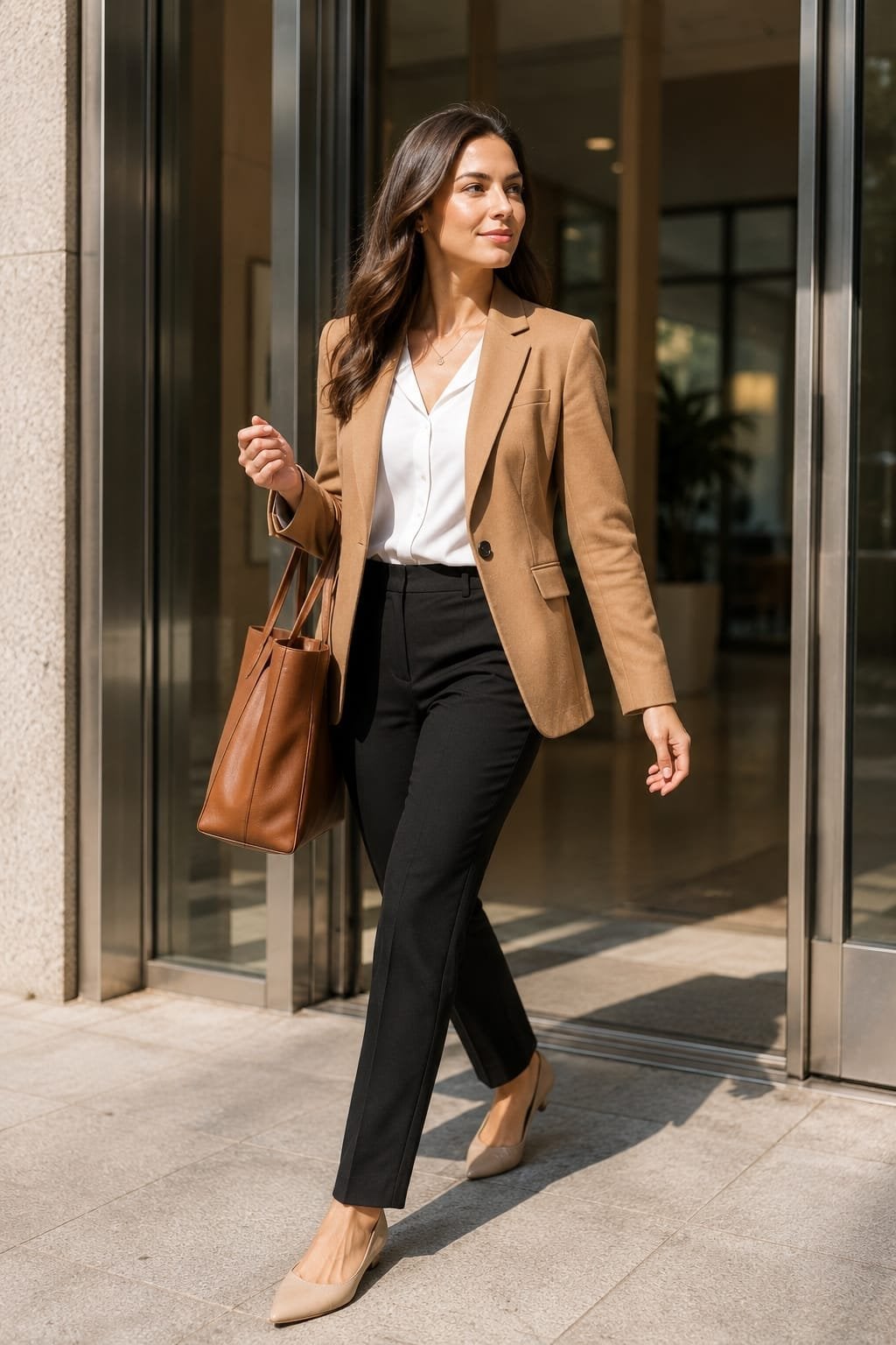 Camel Blazer with White Blouse and Black Trousers Camel Blazer with White Blouse and Black Trousers — Classy Casual Work Outfits