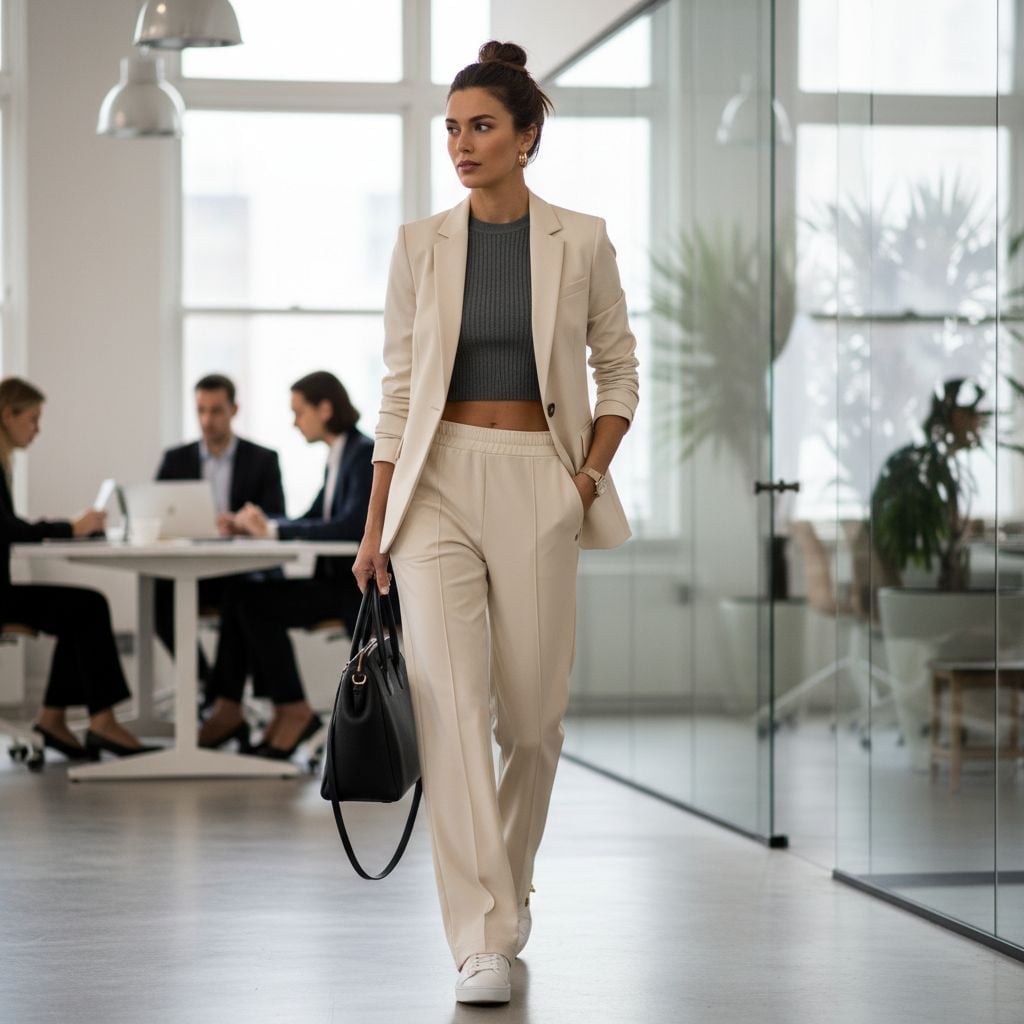 Cream Relaxed Suit with Gray Crop Top and Sneakers Cream Relaxed Suit with Gray Crop Top and Sneakers — Classy Casual Work Outfits