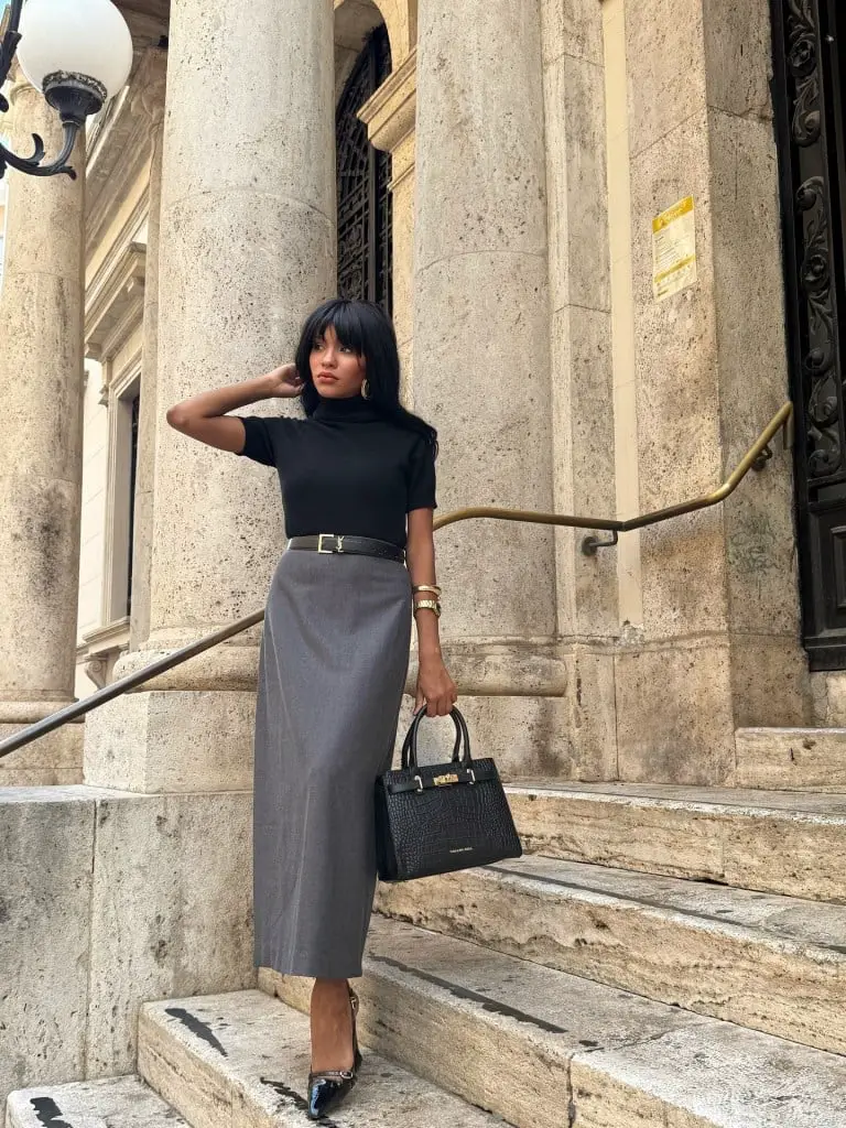 Oversized Brown Coat with Gray Skirt and Black Turtleneck Oversized Brown Coat with Gray Skirt and Black Turtleneck — Classy Casual Work Outfits
