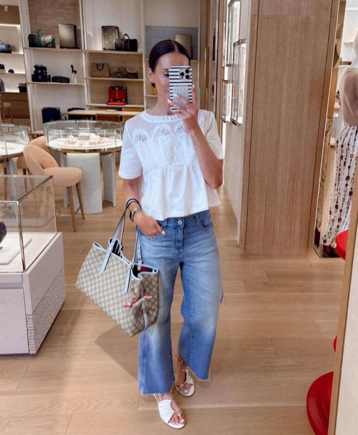 White Lace Top with Blue Wide-Leg Jeans and Sandals White Lace Top with Blue Wide-Leg Jeans and Sandals — Classy Casual Work Outfits