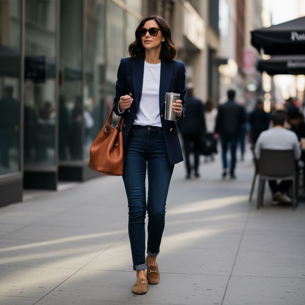 Navy Blazer with Slim Jeans and Tan Loafers Navy Blazer with Slim Jeans and Tan Loafers — Classy Casual Work Outfits