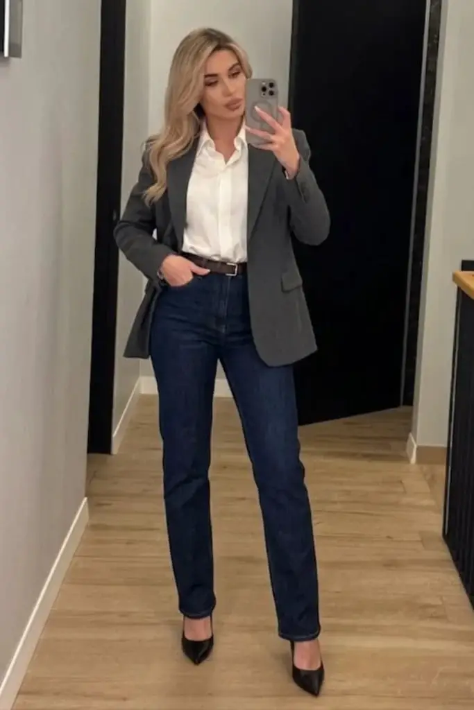 Gray Blazer with White Shirt and Dark Jeans Gray Blazer with White Shirt and Dark Jeans — Classy Casual Work Outfits