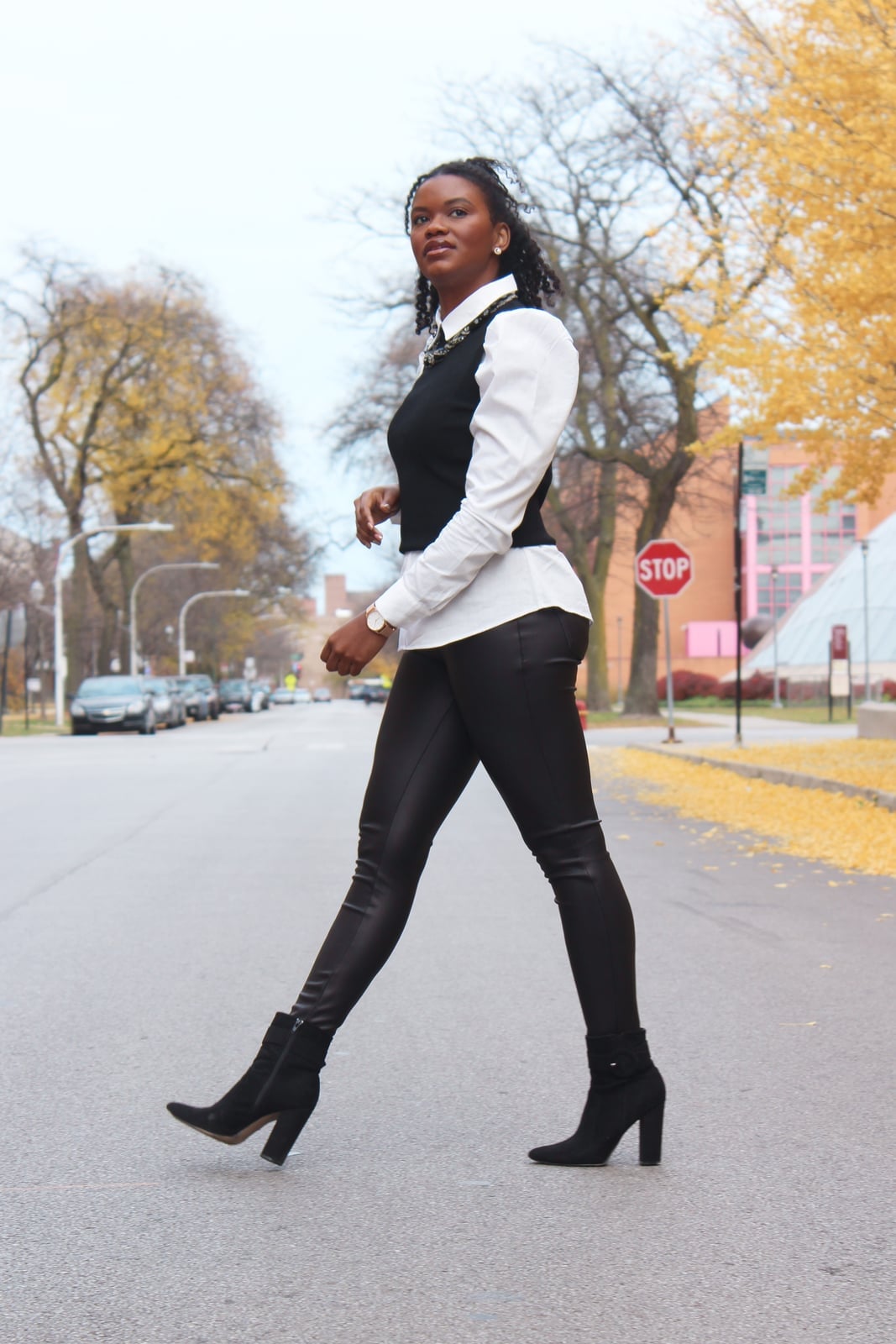 Black Vest with White Shirt and Faux Leather Pants Black Vest with White Shirt and Faux Leather Pants — Classy Casual Work Outfits