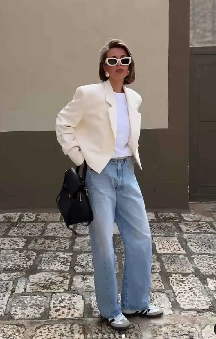 Cropped Off-White Blazer with Light Blue Jeans Cropped Off-White Blazer with Light Blue Jeans — Classy Casual Work Outfits