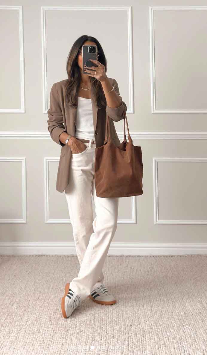 Brown Blazer with Cream Trousers and Sneakers Brown Blazer with Cream Trousers and Sneakers — Classy Casual Work Outfits