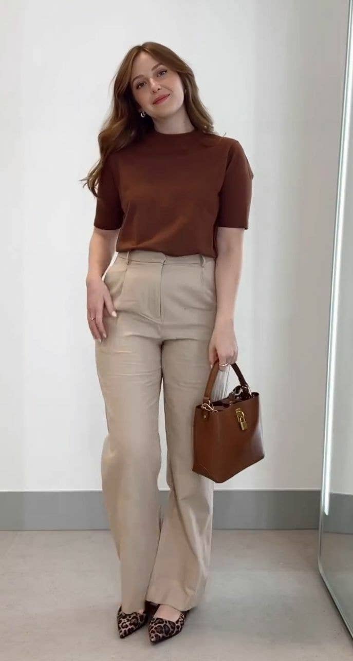 Beige Wide-Leg Trousers with Brown Mock Neck Top Beige Wide-Leg Trousers with Brown Mock Neck Top — Classy Casual Work Outfits
