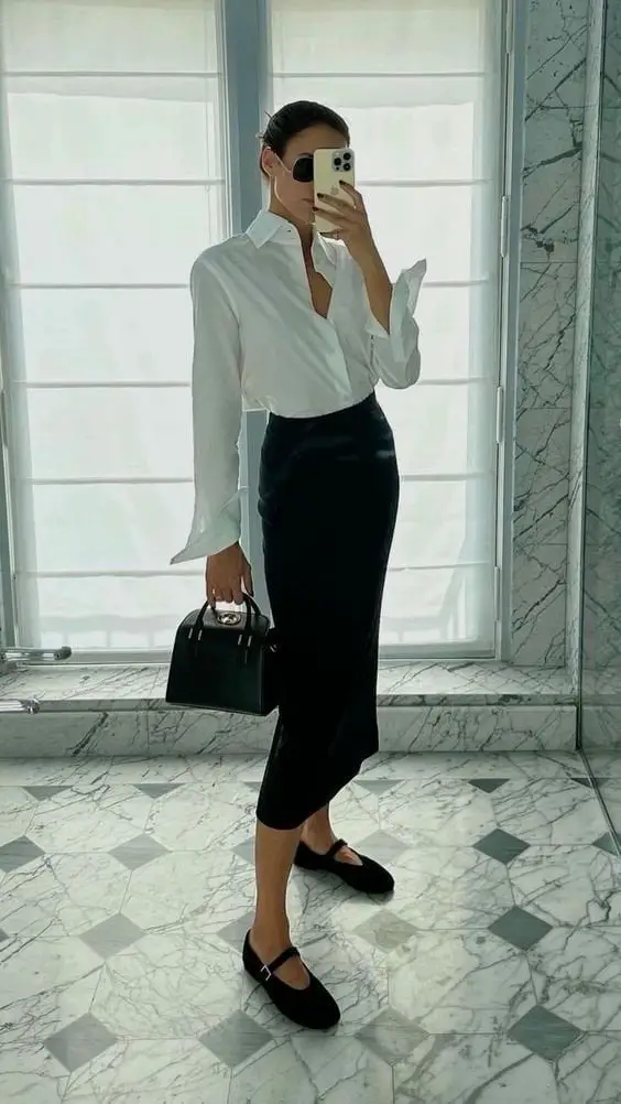 White Oversized Shirt with Black Pencil Skirt White Oversized Shirt with Black Pencil Skirt — Classy Casual Work Outfits