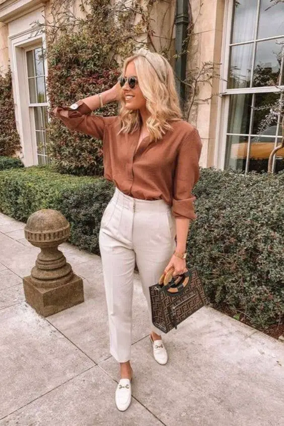 Brown Shirt with Cream Wide-Leg Trousers and Loafers Brown Shirt with Cream Wide-Leg Trousers and Loafers — Classy Casual Work Outfits