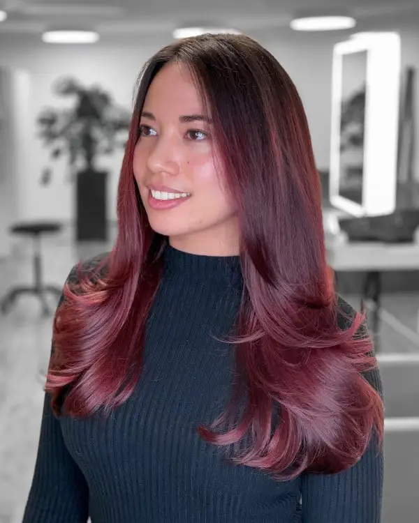 Long Layers With Dark Base Fading To Cherry Red Ends — Classy Cherry Balayage