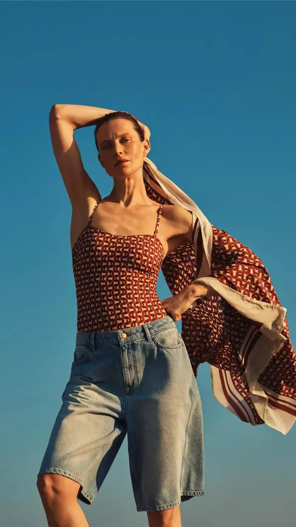 Patterned Swimsuit and Denim Bermuda Shorts for a Summer Day Patterned Swimsuit and Denim Bermuda Shorts for a Summer Day — Classy Chill Outfit