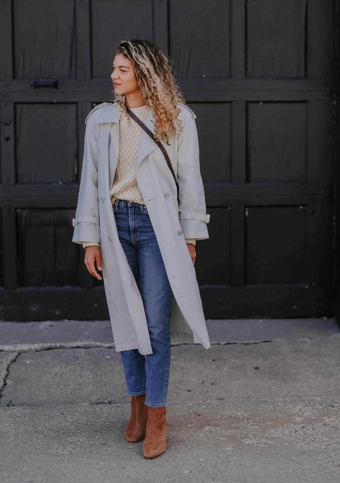 Trench Coat and Cable Knit Sweater with Straight Leg Jeans for Casual Trench Coat and Cable Knit Sweater with Straight Leg Jeans for Casual — Classy Chill Outfit