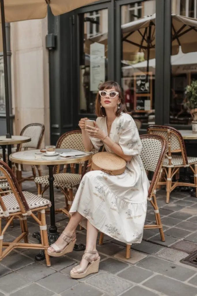 Printed Midi Dress with Gold Espadrilles for a Summer Cafe Setting Printed Midi Dress with Gold Espadrilles for a Summer Cafe Setting — Classy Chill Outfit