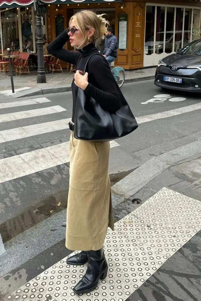 Black Turtleneck and Long Corduroy Skirt for a Chic City Day Black Turtleneck and Long Corduroy Skirt for a Chic City Day — Classy Chill Outfit